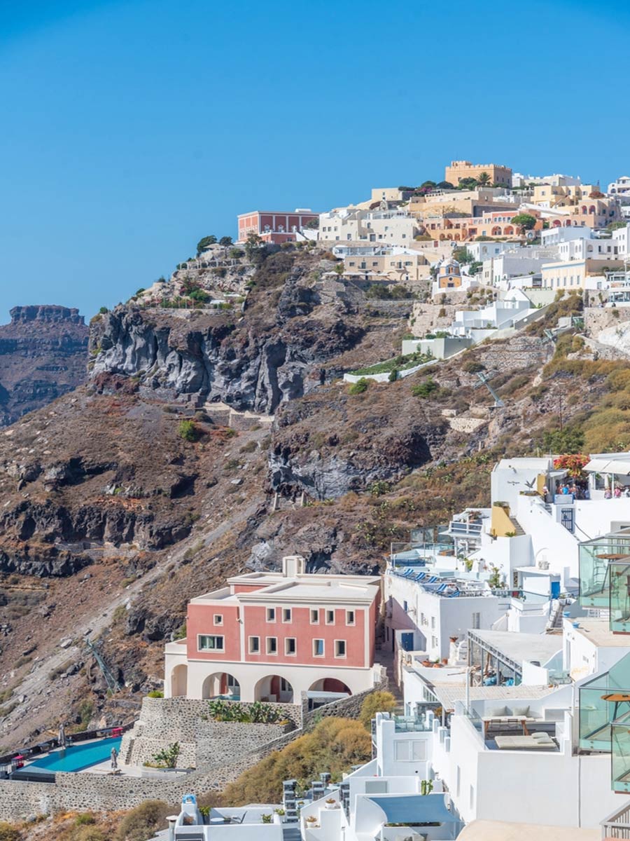 Skaros rock and Firostefani village at Santorini, Greece