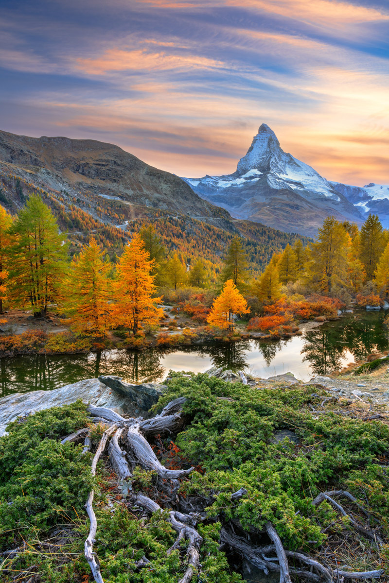 Zermatt, Switzerland at Lake Grindjisee with the Matterhorn in autumn season.